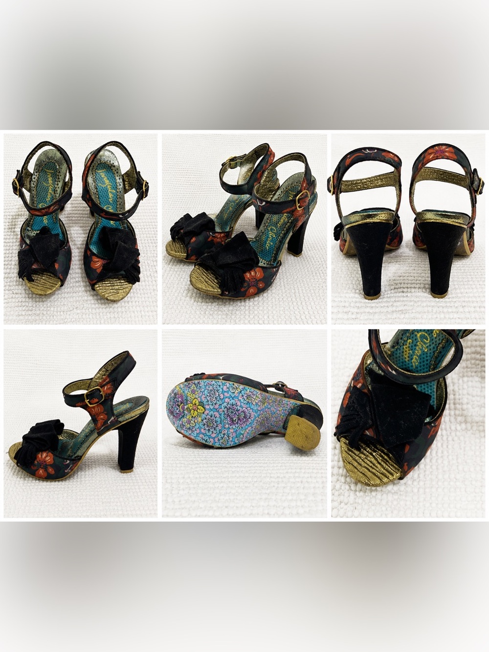 Floral Black & Gold Womens Ankle-Strap Heels